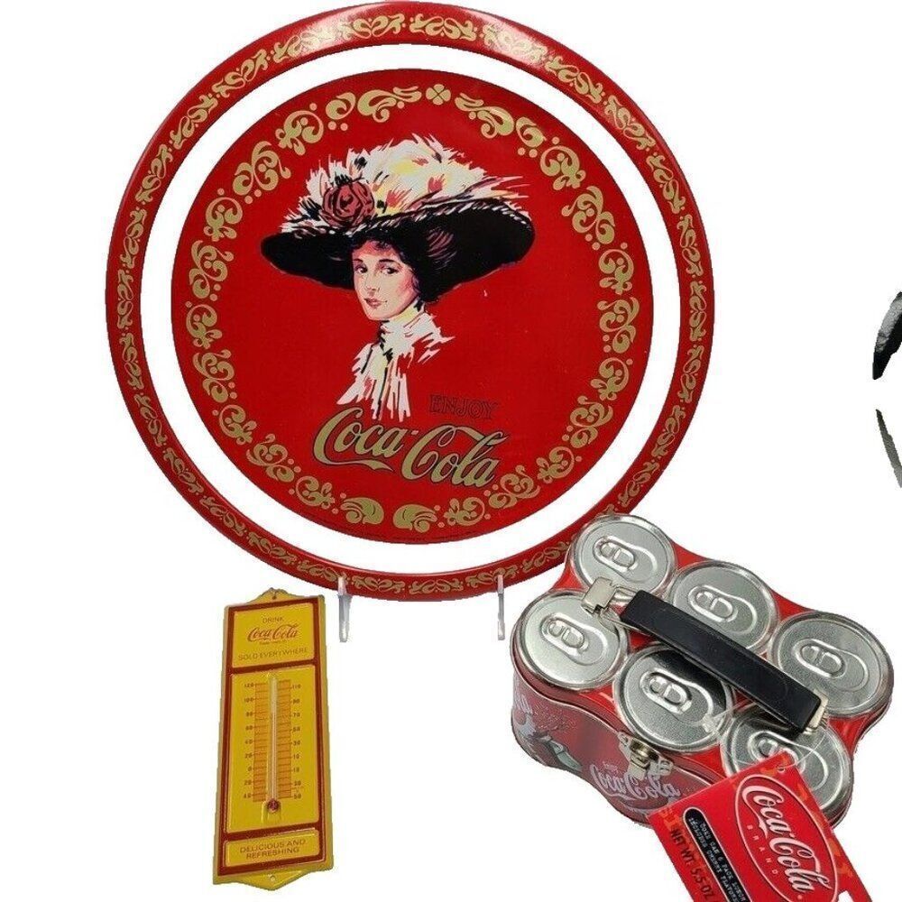 Vintage Coca-Cola Collector Tray Tin Lunch Pail Six Pack Mini Thermometer Lot 3